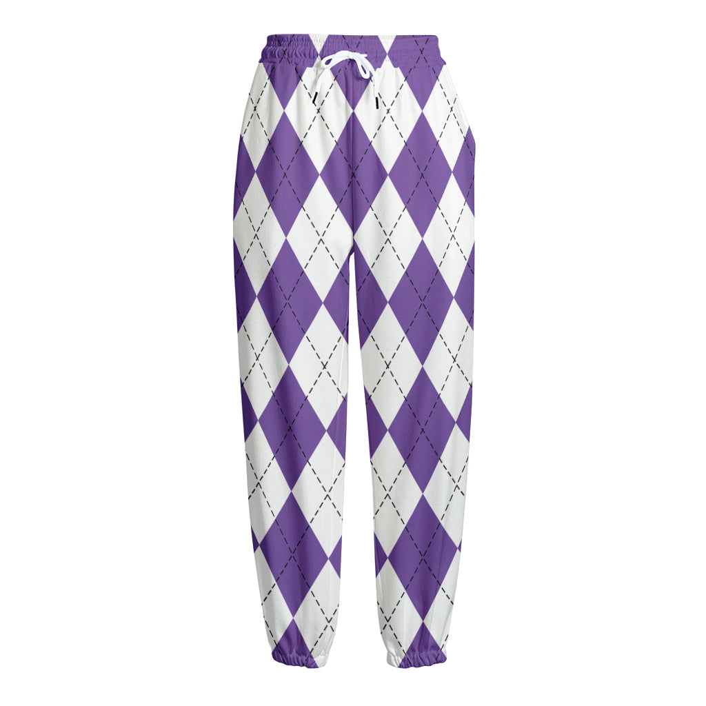 White And Purple Argyle Pattern Print Fleece Lined Knit Pants