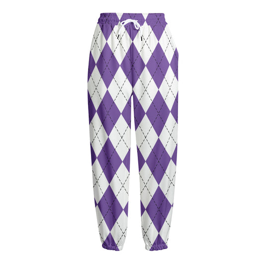 White And Purple Argyle Pattern Print Fleece Lined Knit Pants
