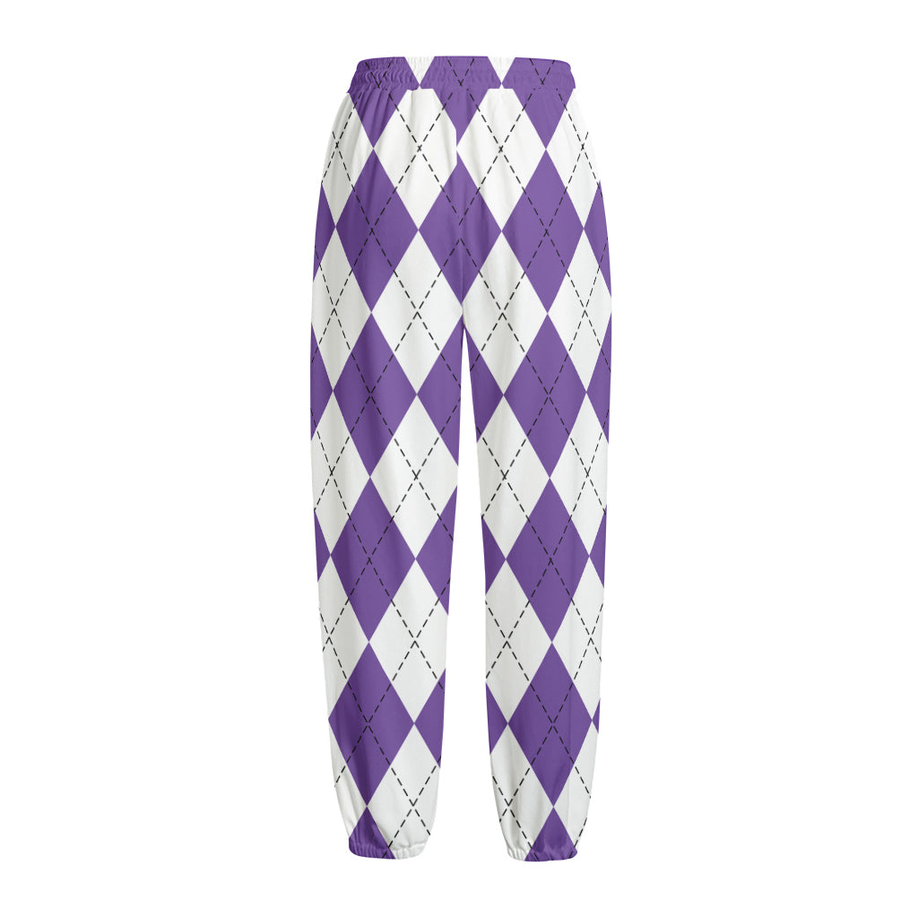 White And Purple Argyle Pattern Print Fleece Lined Knit Pants