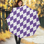White And Purple Argyle Pattern Print Foldable Umbrella