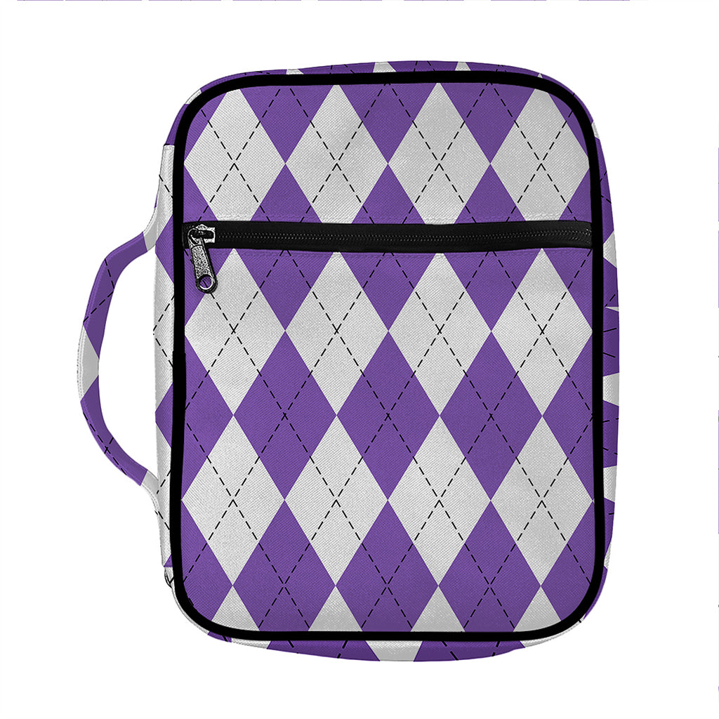 White And Purple Argyle Pattern Print Front Pocket Bible Bag