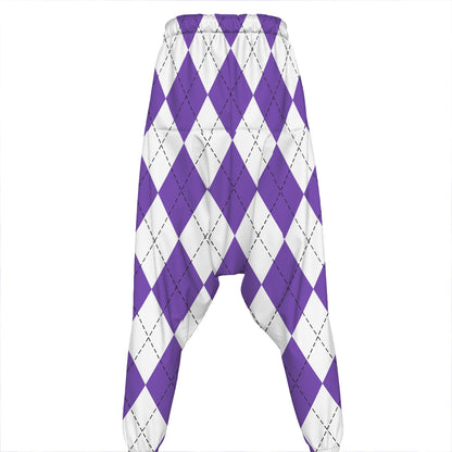 White And Purple Argyle Pattern Print Hammer Pants