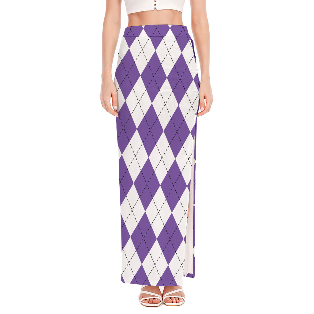 White And Purple Argyle Pattern Print High Slit Maxi Skirt