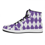 White And Purple Argyle Pattern Print High Top Leather Sneakers