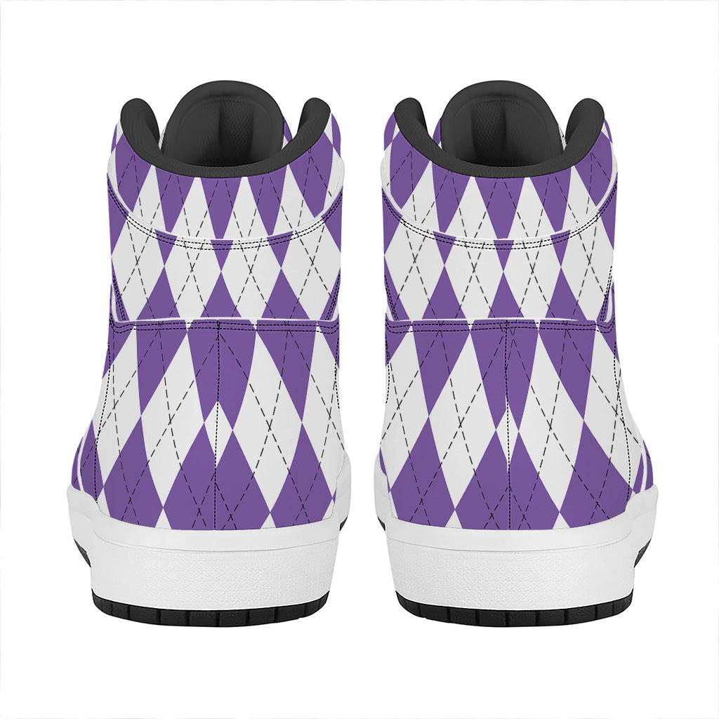 White And Purple Argyle Pattern Print High Top Leather Sneakers