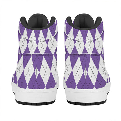 White And Purple Argyle Pattern Print High Top Leather Sneakers