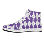 White And Purple Argyle Pattern Print High Top Leather Sneakers