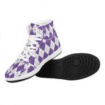 White And Purple Argyle Pattern Print High Top Leather Sneakers