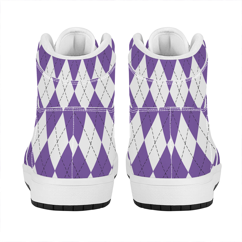 White And Purple Argyle Pattern Print High Top Leather Sneakers