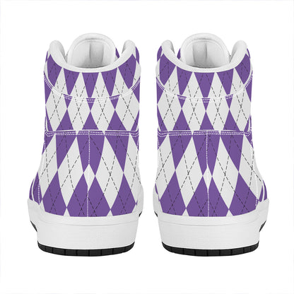 White And Purple Argyle Pattern Print High Top Leather Sneakers