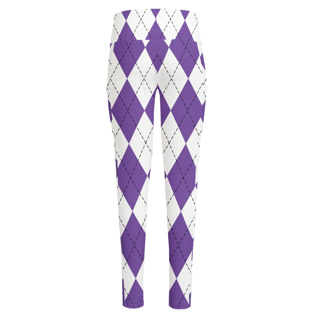 White And Purple Argyle Pattern Print High-Waisted Pocket Leggings