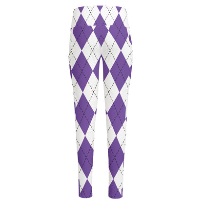 White And Purple Argyle Pattern Print High-Waisted Pocket Leggings