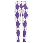 White And Purple Argyle Pattern Print High-Waisted Pocket Leggings