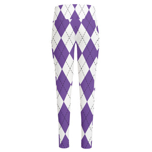 White And Purple Argyle Pattern Print High-Waisted Pocket Leggings