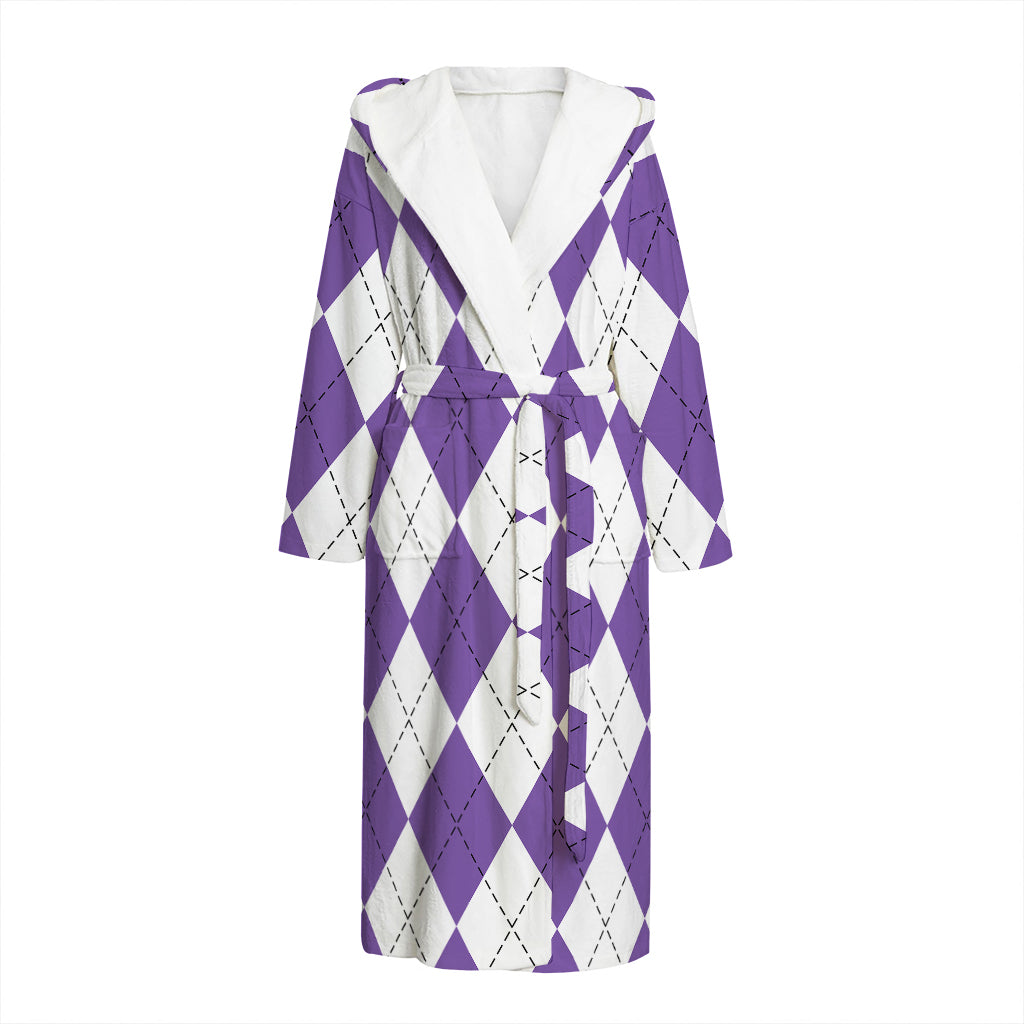 White And Purple Argyle Pattern Print Hooded Bathrobe
