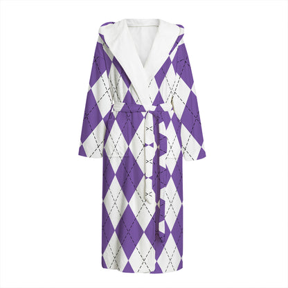 White And Purple Argyle Pattern Print Hooded Bathrobe