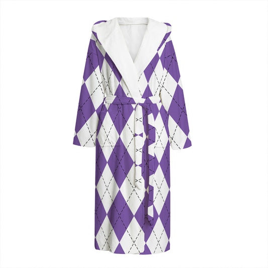White And Purple Argyle Pattern Print Hooded Bathrobe