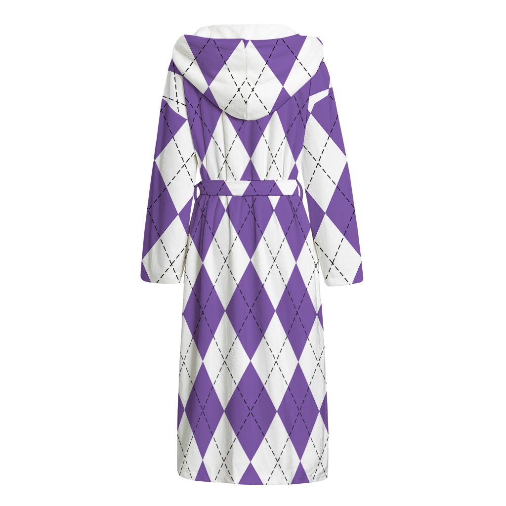 White And Purple Argyle Pattern Print Hooded Bathrobe