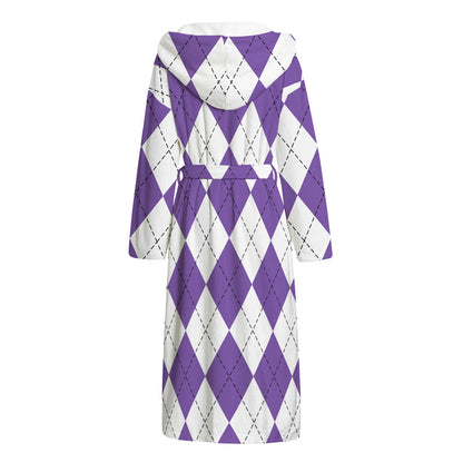 White And Purple Argyle Pattern Print Hooded Bathrobe