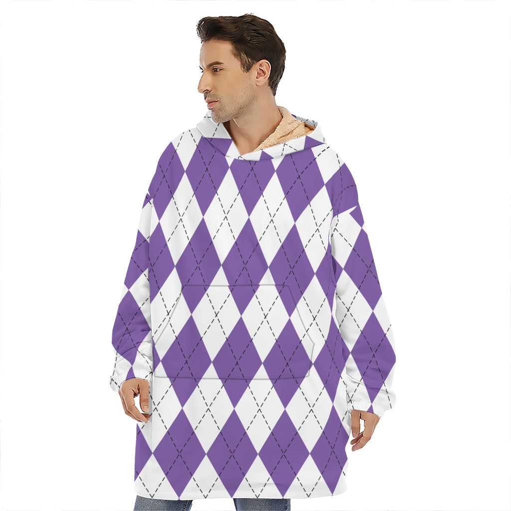 White And Purple Argyle Pattern Print Hoodie Blanket