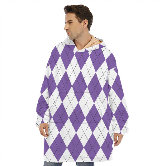 White And Purple Argyle Pattern Print Hoodie Blanket