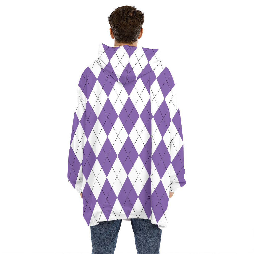 White And Purple Argyle Pattern Print Hoodie Blanket