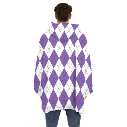 White And Purple Argyle Pattern Print Hoodie Blanket