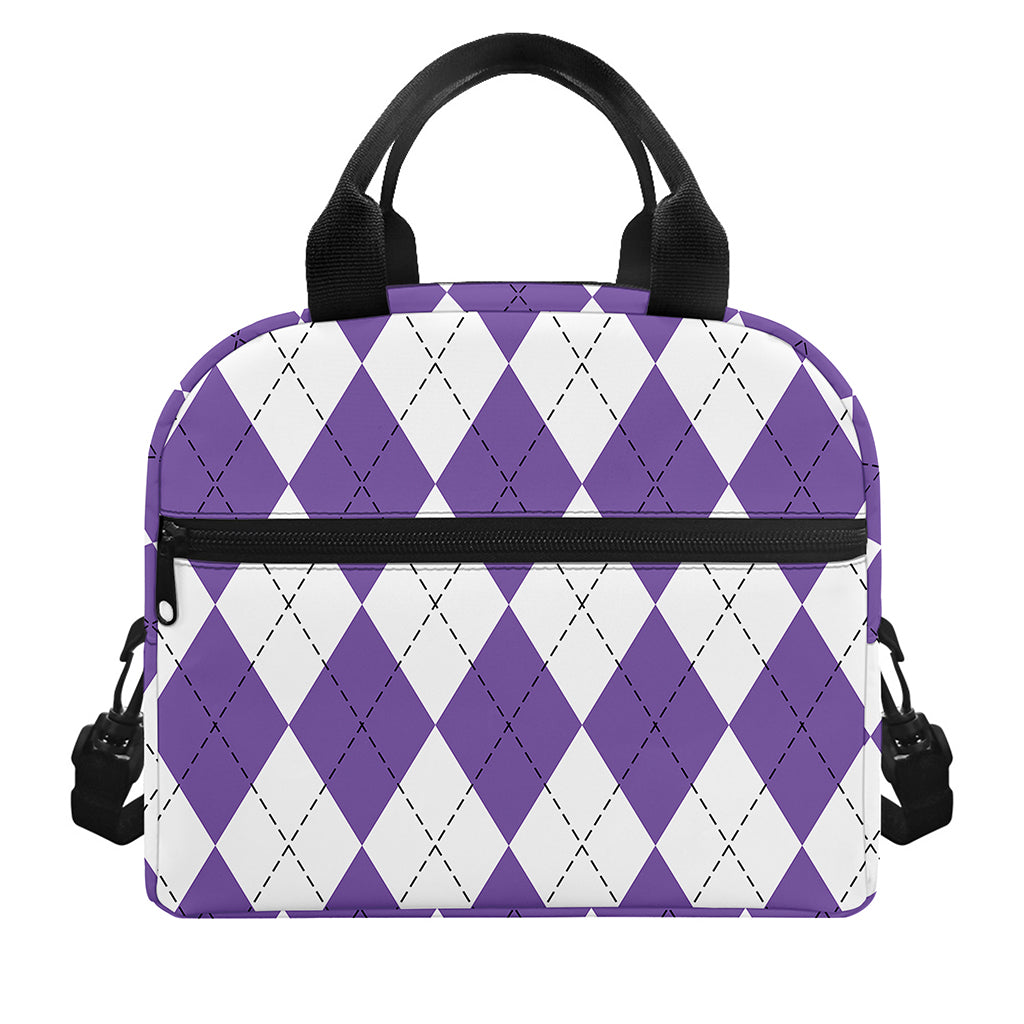 White And Purple Argyle Pattern Print Insulated Lunch Bag