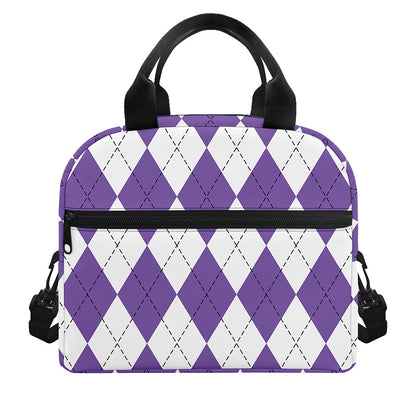 White And Purple Argyle Pattern Print Insulated Lunch Bag