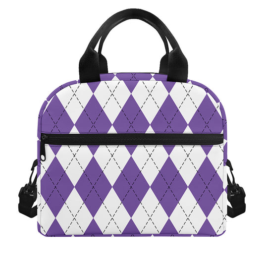 White And Purple Argyle Pattern Print Insulated Lunch Bag