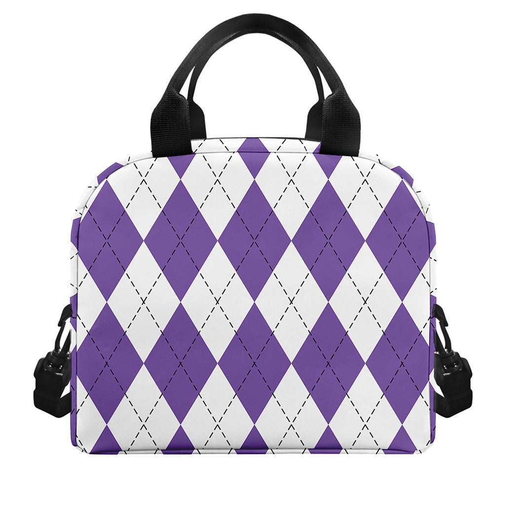 White And Purple Argyle Pattern Print Insulated Lunch Bag