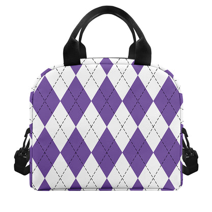 White And Purple Argyle Pattern Print Insulated Lunch Bag