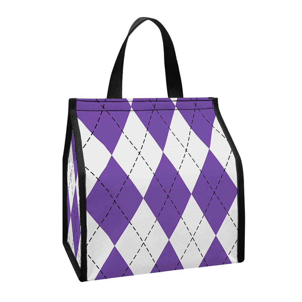 White And Purple Argyle Pattern Print Insulated Lunch Tote