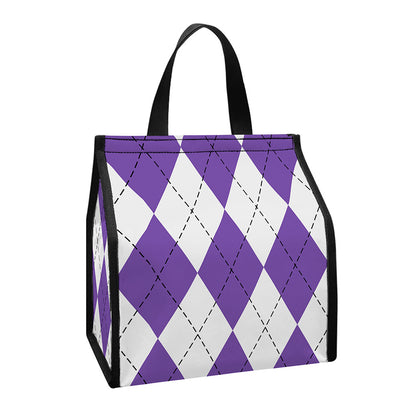 White And Purple Argyle Pattern Print Insulated Lunch Tote