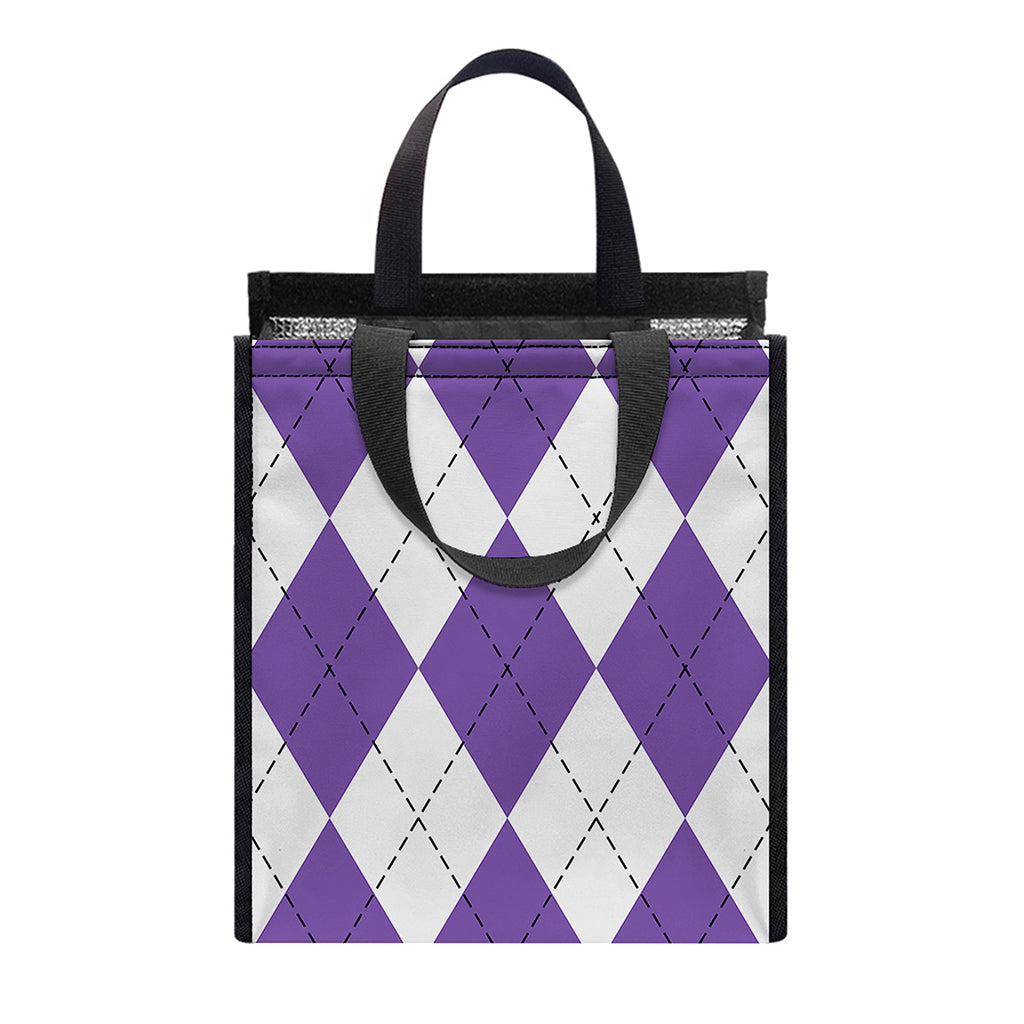 White And Purple Argyle Pattern Print Insulated Lunch Tote