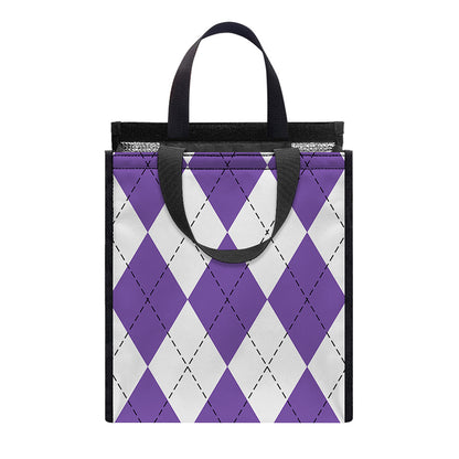 White And Purple Argyle Pattern Print Insulated Lunch Tote