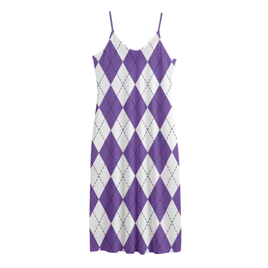 White And Purple Argyle Pattern Print Jersey Midi Cami Dress