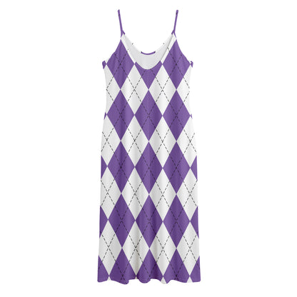 White And Purple Argyle Pattern Print Jersey Midi Cami Dress
