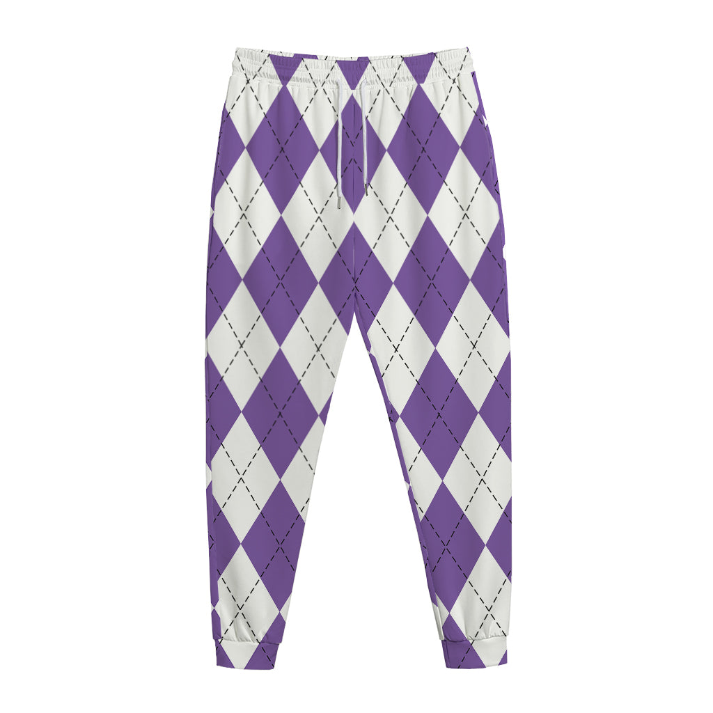 White And Purple Argyle Pattern Print Jogger Pants