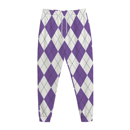 White And Purple Argyle Pattern Print Jogger Pants
