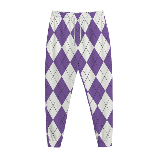 White And Purple Argyle Pattern Print Jogger Pants