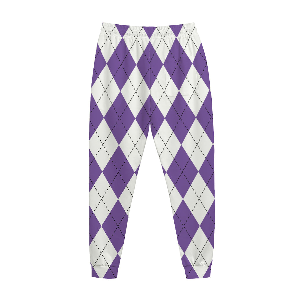 White And Purple Argyle Pattern Print Jogger Pants