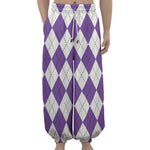 White And Purple Argyle Pattern Print Lantern Pants