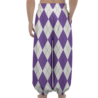 White And Purple Argyle Pattern Print Lantern Pants