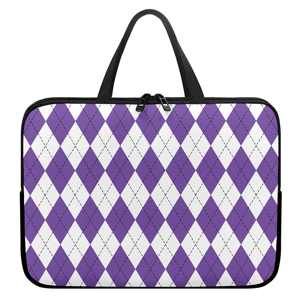 White And Purple Argyle Pattern Print Laptop Sleeve With Handle
