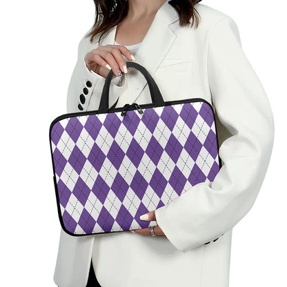 White And Purple Argyle Pattern Print Laptop Sleeve With Handle