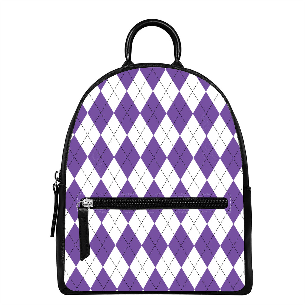 White And Purple Argyle Pattern Print Leather Backpack