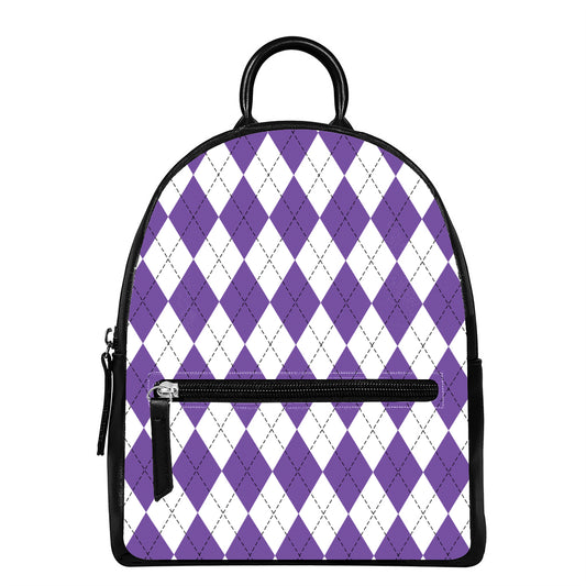 White And Purple Argyle Pattern Print Leather Backpack