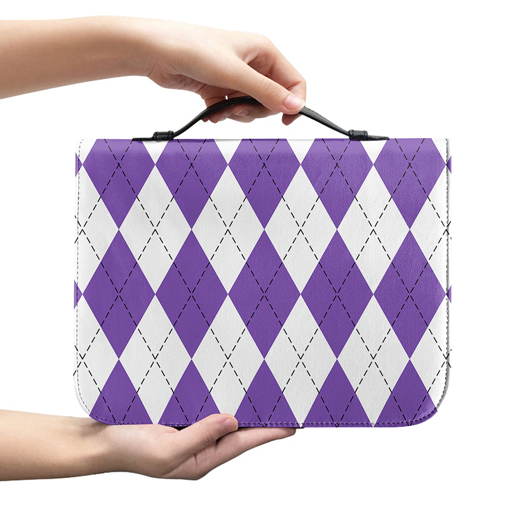 White And Purple Argyle Pattern Print Leather Bible Cover