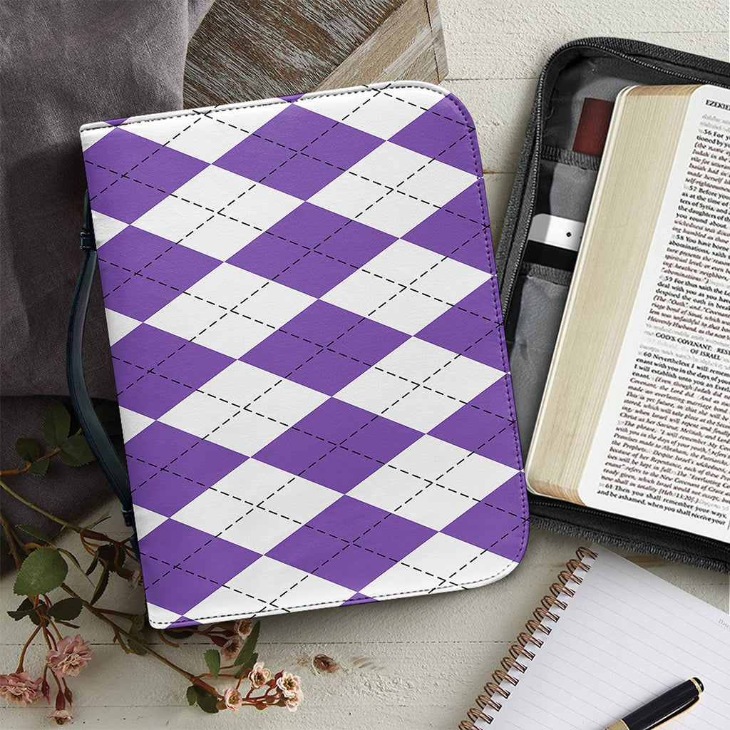 White And Purple Argyle Pattern Print Leather Bible Cover